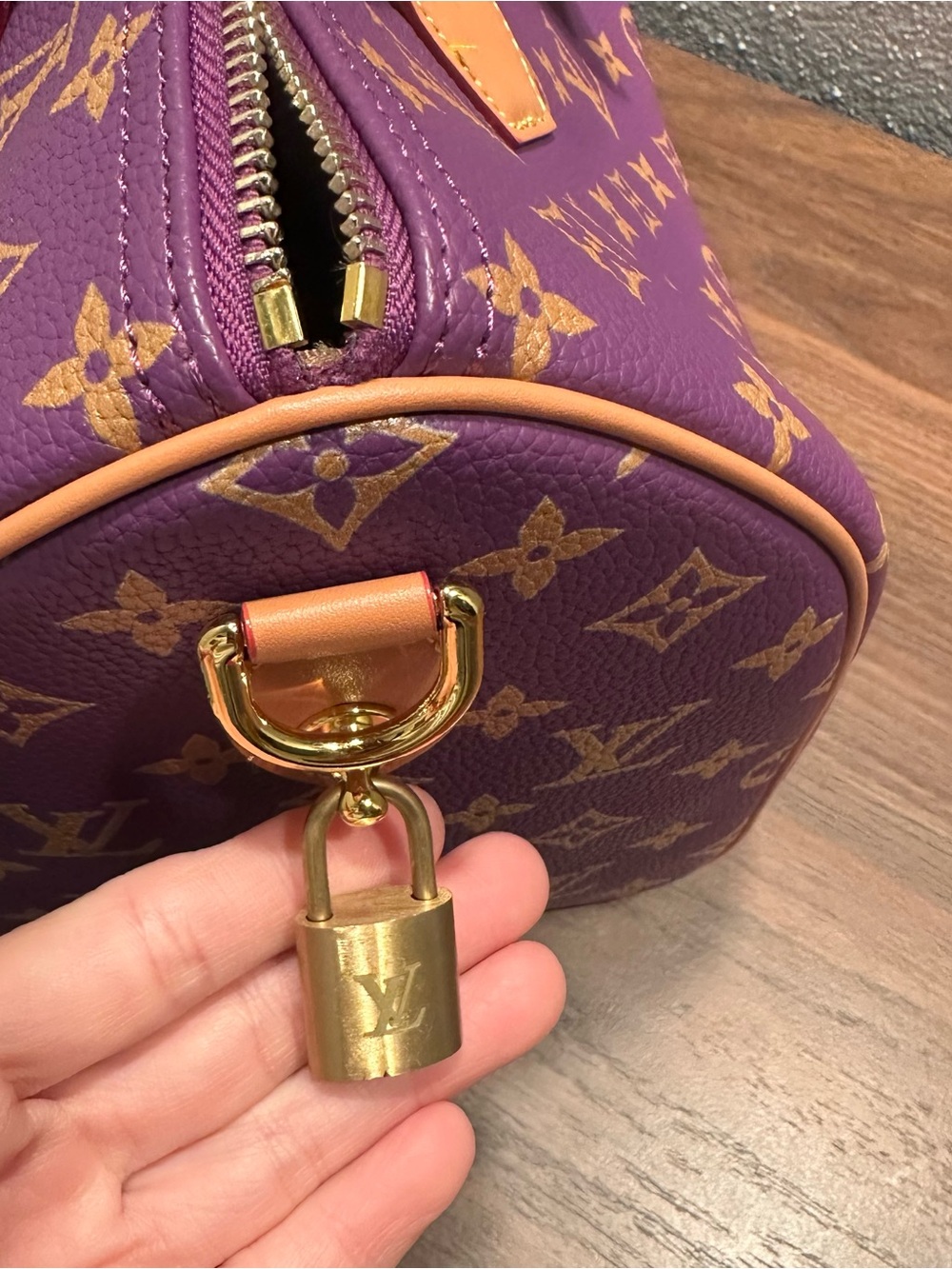 RARE INSPIRED Purple Monogram Satchel with Tan Leather Trim Size 30 P9 - Picture 8 of 15